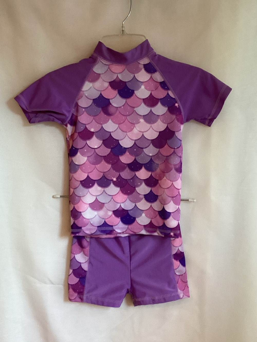 Girls Purple Mermaid-Scale Rashguard Swim Set - Short Sleeve